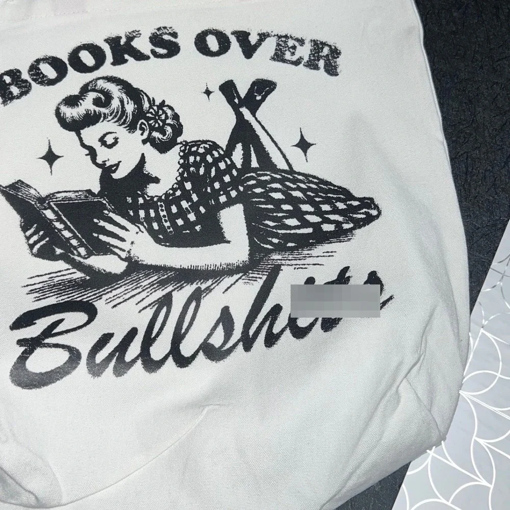 Books Over Bullsh*t Graphic Tote Bag White Pink Straps Canvas